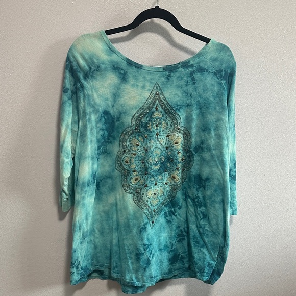 Lucky Brand Tops - Lucky Brand Tie-Dye Long Sleeve Top - Teal and Aqua